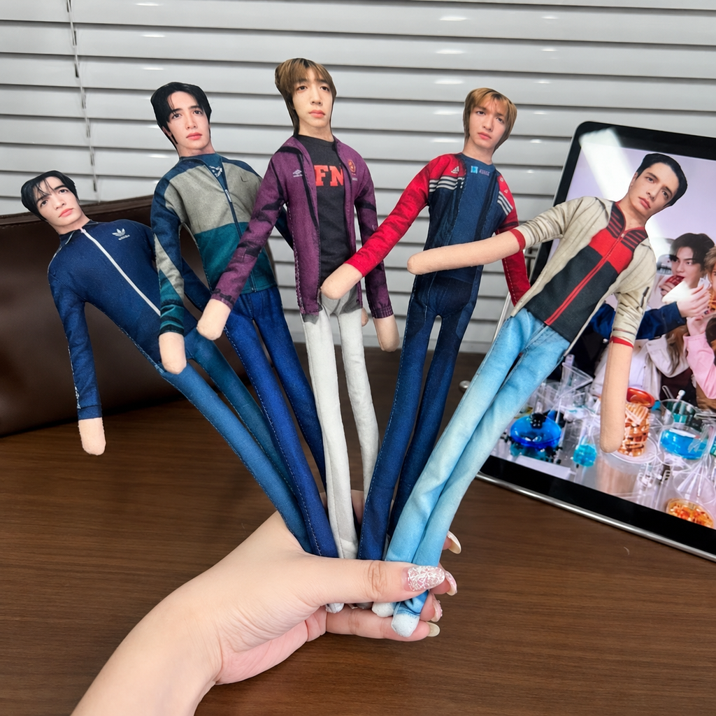 Five CORTIS large long-limbed member plush doll designs