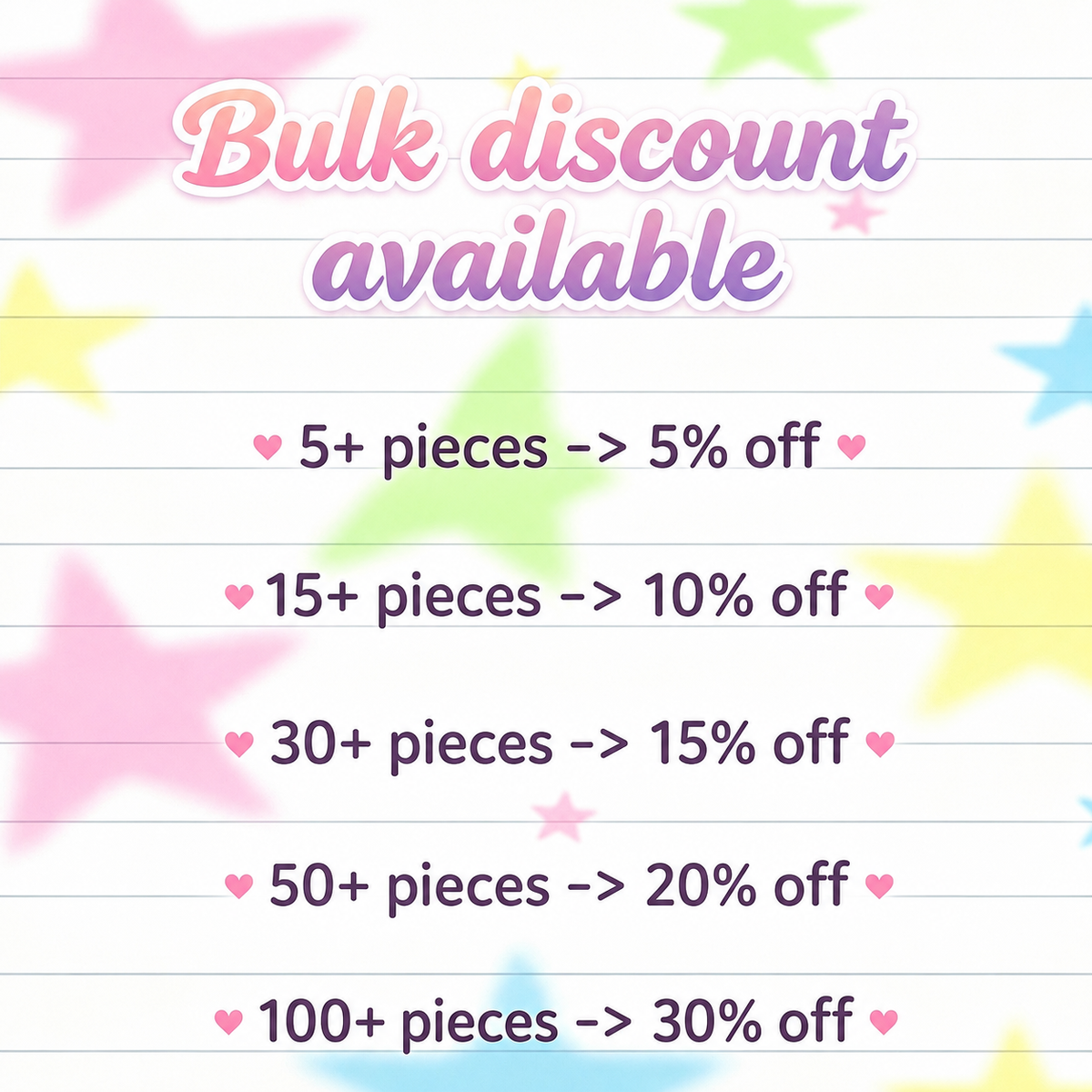 Promotional graphic with the text 'Bulk discount available' and tiered pricing for bulk purchases, shown on a lined-paper style background with pastel star shapes.